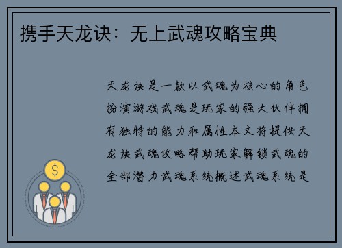 携手天龙诀：无上武魂攻略宝典